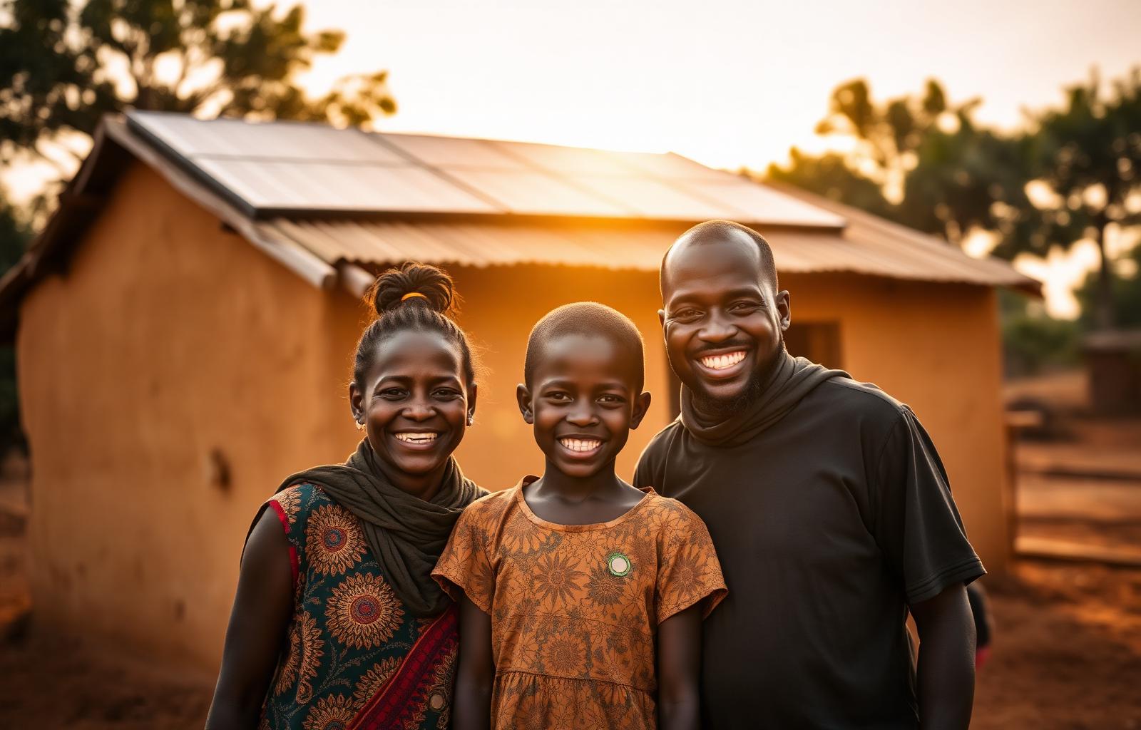 A family standing in front of their home powered by solar