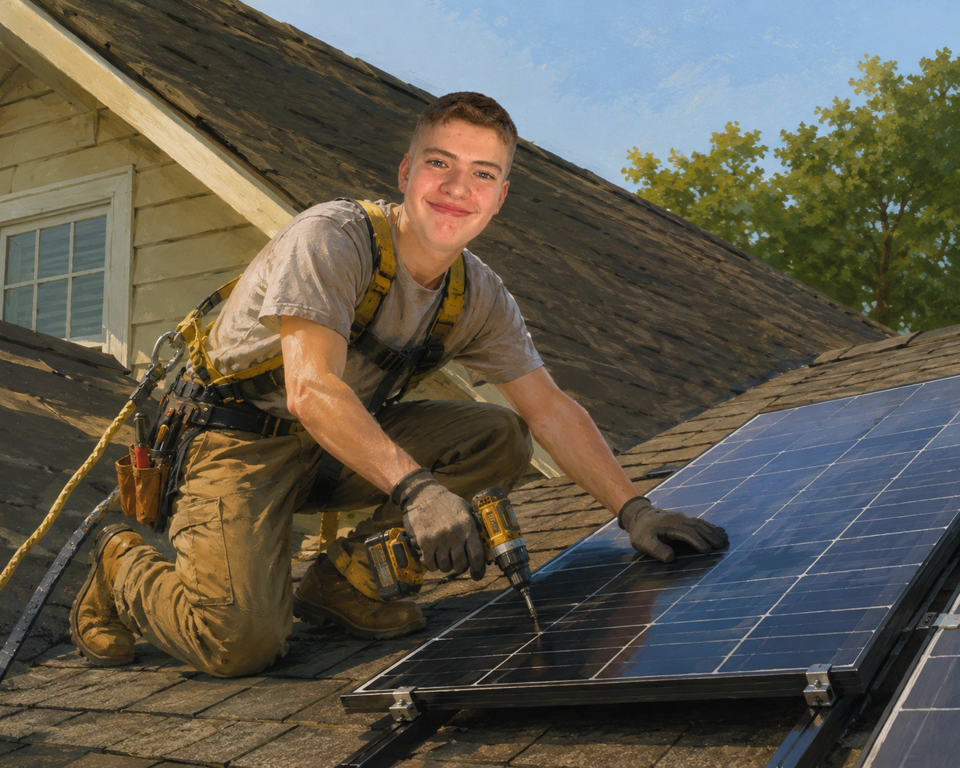 Helios technician installing rooftop solar panels