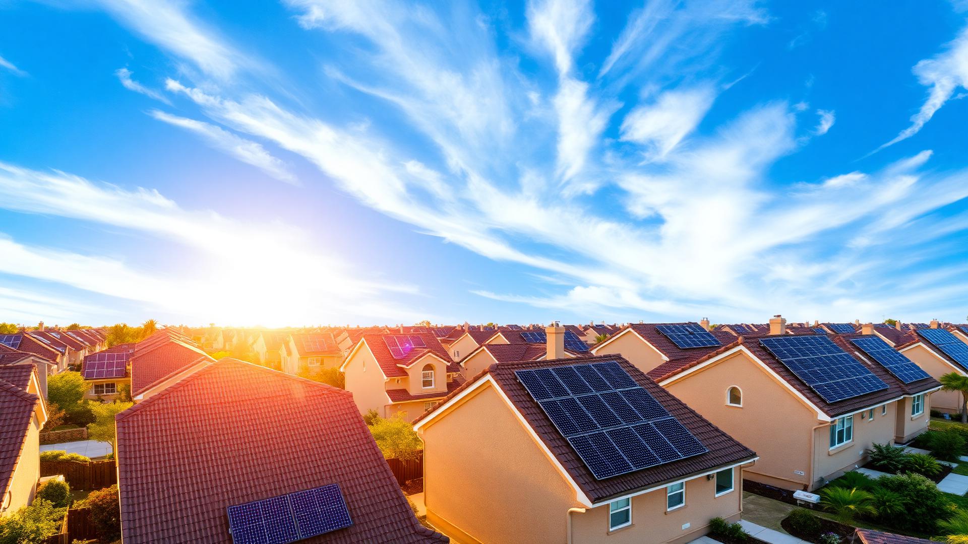 Rooftops covered in solar panels at golden hour